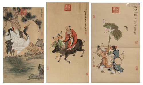 A collection of three Chinese scrolls, watercolour on silk, ...