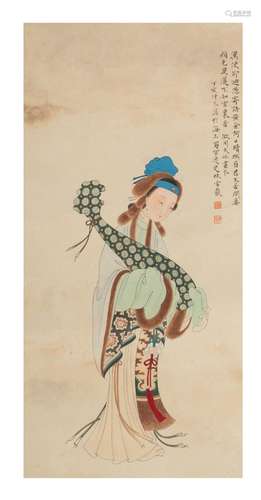 A Chinese scroll, 'Lady holding a pipa', watercolour on pape...