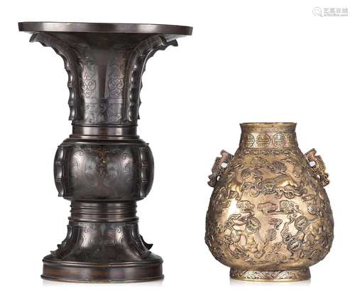 A Chinese bronze Gu vase and a gilt bronze Hu vase, 18th/19t...