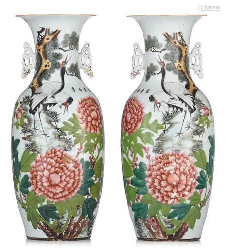 A pair of Chinese famille rose 'Crane' vases, with signed te...