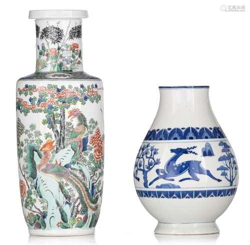 A Chinese famille verte rouleau vase, H 45 - added a Chinese...