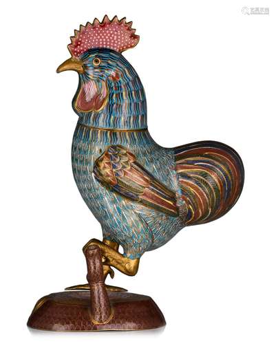 A Chinese cloisonnÈ enamelled bronze cockerel, 19thC, H 43,5...