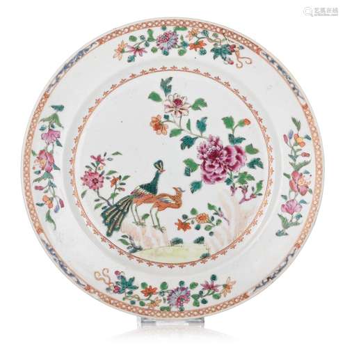 A Chinese famille rose 'Pheasant and Peacock' plate, 18thC, ...