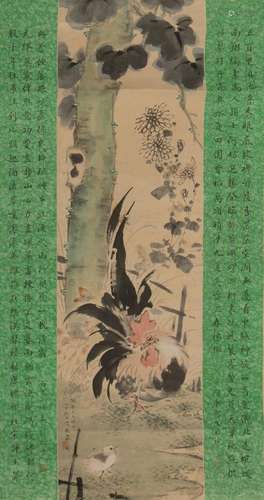 A Chinese scroll, 'Cockerel and a chick in a garden', waterc...