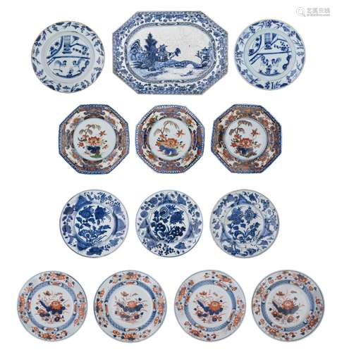 A collection of eleven export porcelain dishes and a serving...