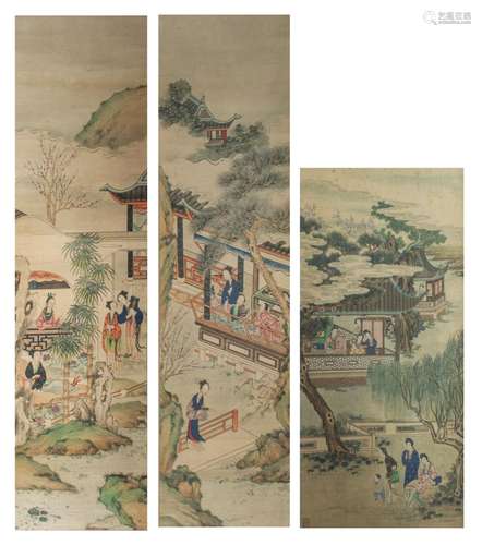 A collection of three Chinese paintings, 'Beauties on a terr...