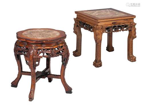 Two Chinese carved hardwood bases, each with a marble top, H...