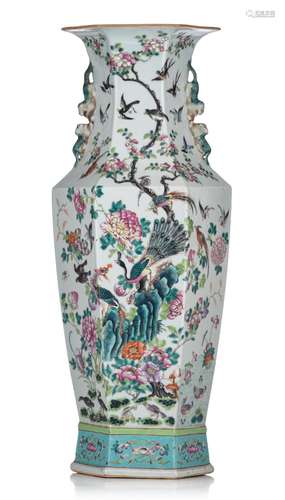 A Chinese famille rose 'One Hundred Birds' hexagonal vase, 1...