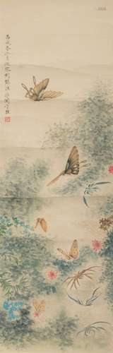 A Chinese scroll, 'Bird on prunus and peonies', watercolour ...