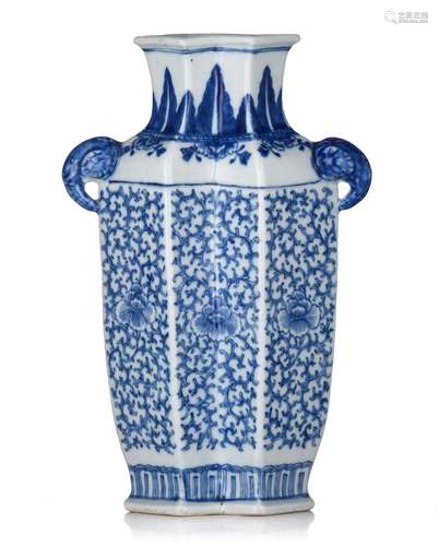 A Chinese blue and white lozenge-shaped vase, paired with el...