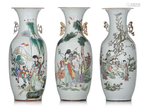 Three Chinese famille rose figural vases, all with a signed ...