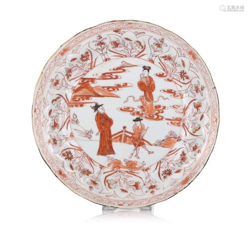 A Chinese iron-red 'The Cowherd and the Weaver Girl' plate, ...