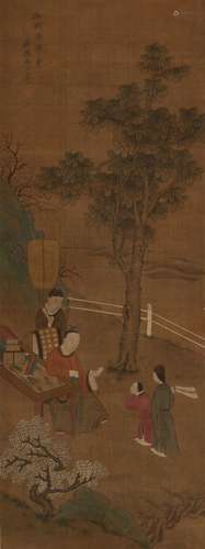 A Chinese scroll, 'A scholar in a garden', watercolour on si...