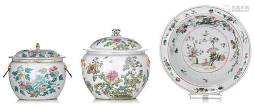 Two Chinese famille rose food warmers and a ditto basin, lat...