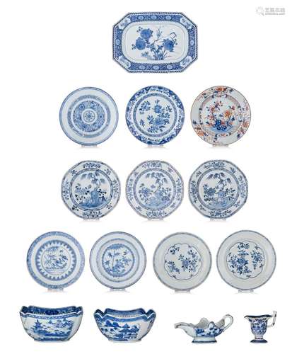 A collection of Chinese blue and white dinnerware, 18thC, la...