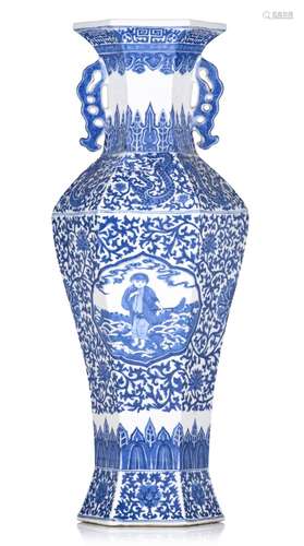 A Chinese blue and white baluster vase, paired with stylised...