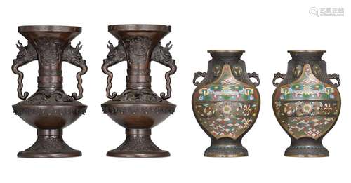 Two pairs of Japanese bronze vases, 19th/20thC, tallest H 45...