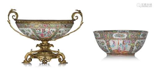 Two Chinese Canton famille rose punch bowls, one with gilt m...