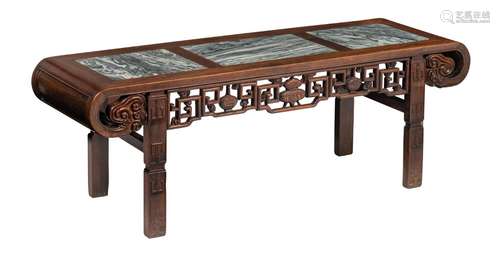 A Chinese hardwood kang table, with three 'dreamstone' marbl...