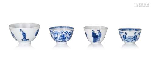 Four Chinese blue and white figural tea bowls, some with a C...