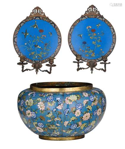 Two Japanese cloisonnÈ enamelled wall lights, 20thC, 42 x 30...