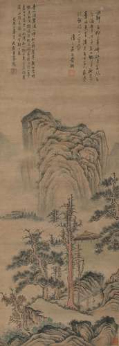 A Chinese scroll, 'Mountainous landscape', with signed poems...