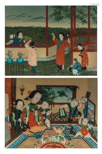 Two Chinese Canton reversed glass paintings, late Qing, 68 x...