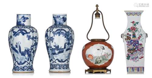 A collection of three Chinese vases and a ginger jar, 19thC,...