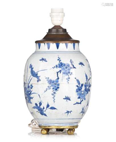 A Chinese blue and white 'Flower' jar, mounted as a lamp, Tr...