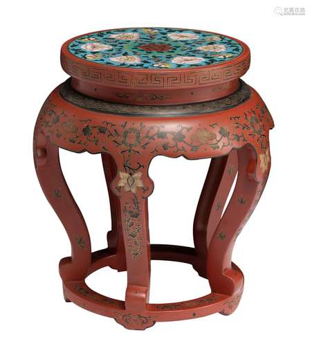 A Chinese red lacquered seat, with cloisonnÈ enamelled bronz...