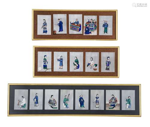 Three sets of Chinese Canton paintings on pith paper of cour...