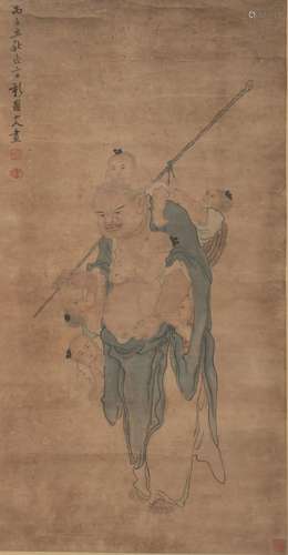 A Chinese scroll, 'Monk and playful boys', watercolour on pa...