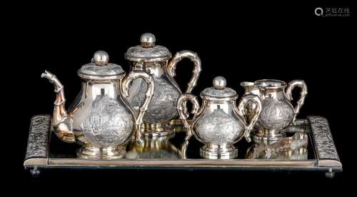 A Vietnamese silver coffee and tea set, on a mirror tray, 90...