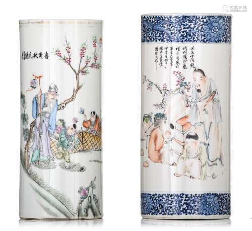 Two Chinese Qianjiangcai cylinder vases, both with signed te...