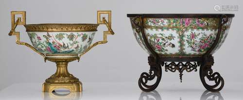 Two Chinese Canton famille rose punch bowls, each with metal...