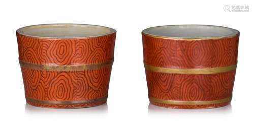 A pair of Chinese faux-bois bucket jardiniËres, 19thC/20thC,...