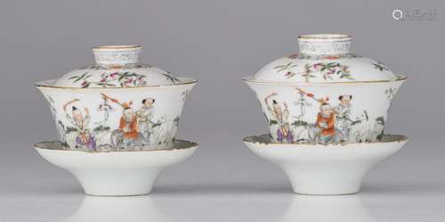 A pair of fine Chinese famille rose gaiwan tea bowls and sau...