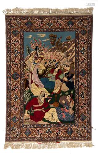 An Oriental Isphahan carpet, depicting musicians in a garden...