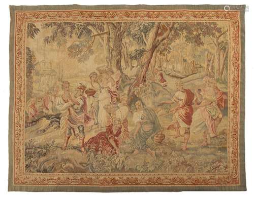 A 19thC Aubusson tapestry, depicting a flower harvest, 185 x...