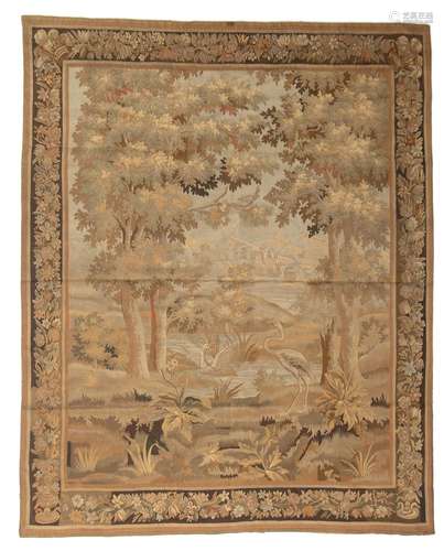 A 19thC wall tapestry depicting a heron and a duck in a land...