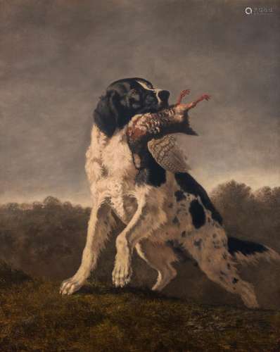 An English springer spaniel caught a pheasant, 19thC, oil on...