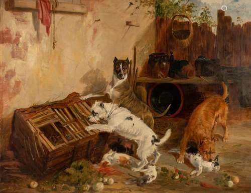 Richard Ansdell (1815-1885), dogs looting the rabbit hutch, ...