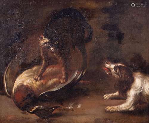 A Cat and a dog fighting over a dead duck, late 17thC, oil o...