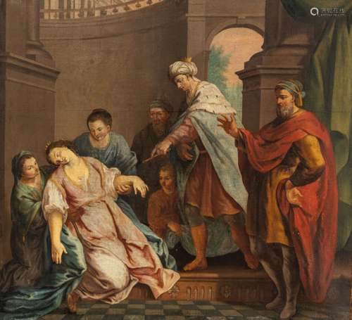 Esther fainting in front of Ahasuerus, Flemish School, 17thC...