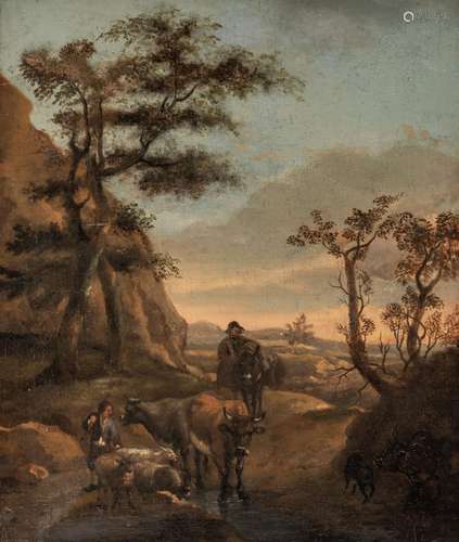 Shepherds with their cattle near the pond, Dutch school, 18t...