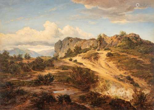 A rocky landscape, French Realistic School, 19thC, oil on ca...