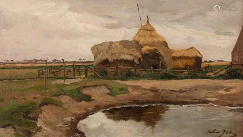 Julien Jos, Farmhouse near a pond, French School, oil on can...