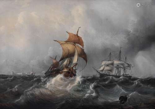 FranÁois Musin (1820-1888), boats on a rough sea, 1852, oil ...