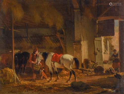 Jozef Moerenhout, Horses in a barn, 19thC, oil on canvas, 38...