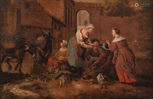 A Scene at the vegetable market, oil on canvas, 18thC 30 x 4...